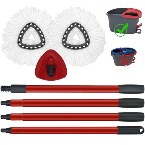 Mop Replace Heads Mop Handle and Mop Base Replacements for O Ceda EasyWring 1-Tank Spin Mop System, 2 Microfiber Mop Head Refills, 4-Section Iron Mop Handle 30-58in and 1 Mop Head Cover Set Combo