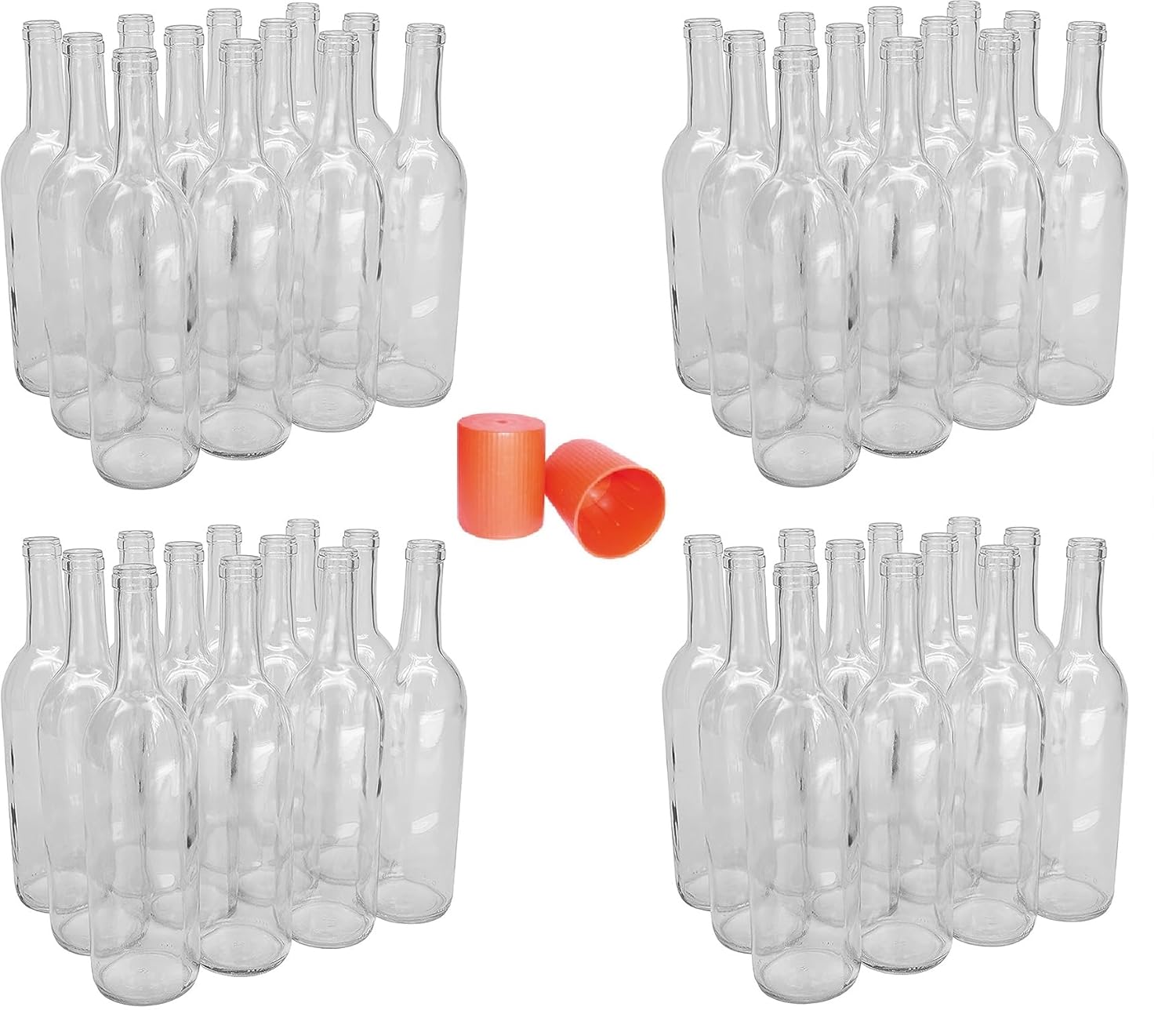 North Mountain Supply 750ml Glass Bordeaux Wine Bottle Flat-Bottomed Cork Finish - with Dust Storage Cap - 48 Bottles (4 Cases of 12) - Clear/Flint