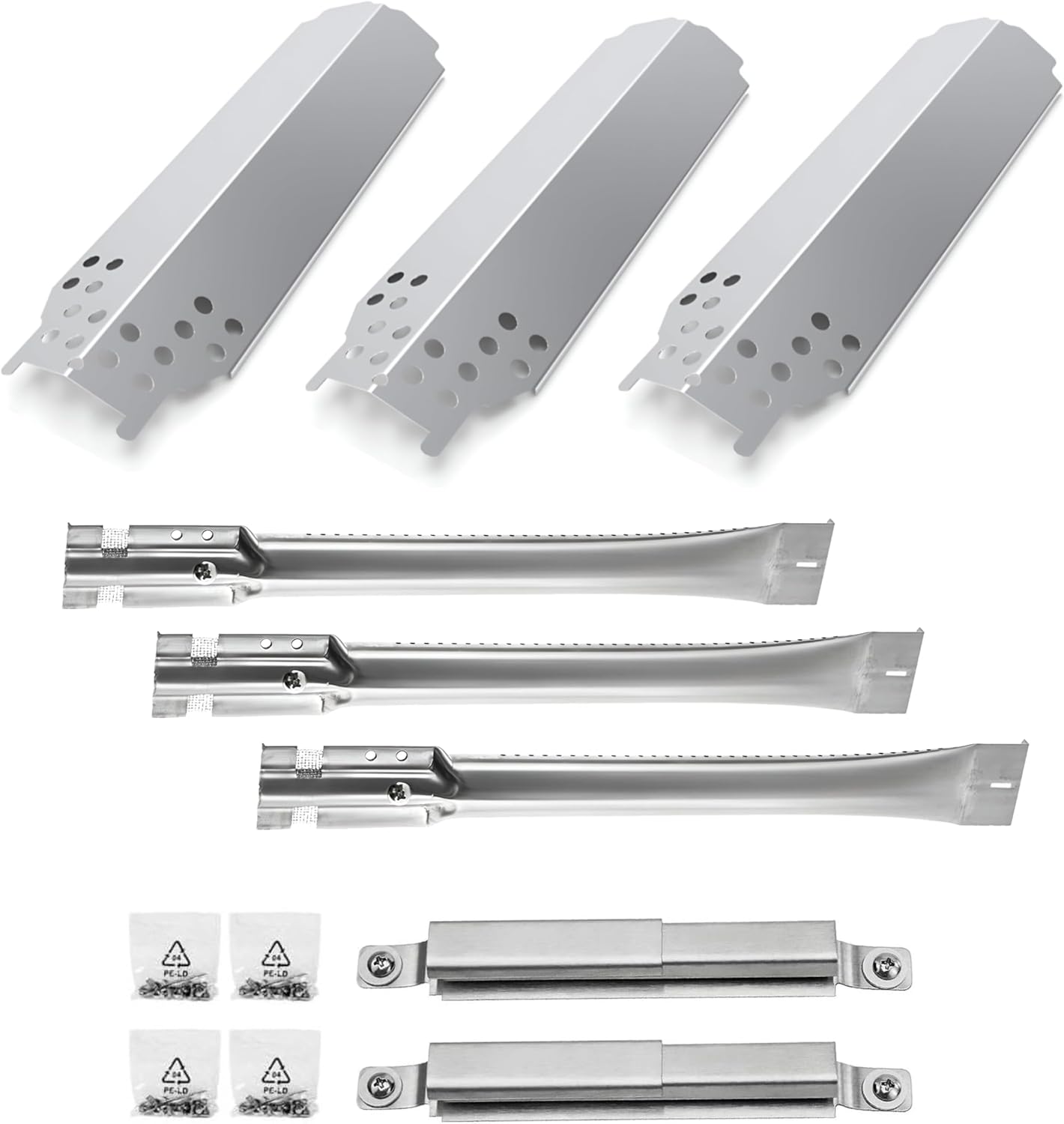 Set of Three Gas Grill Burners, Heat Plates and Two Crossover Tube Replacement for Char-Broil Classic 280 2-Burner, 360 3-Burner, 405 4-Burner Liquid Propane, G320-0200-W1, G215-0203-W