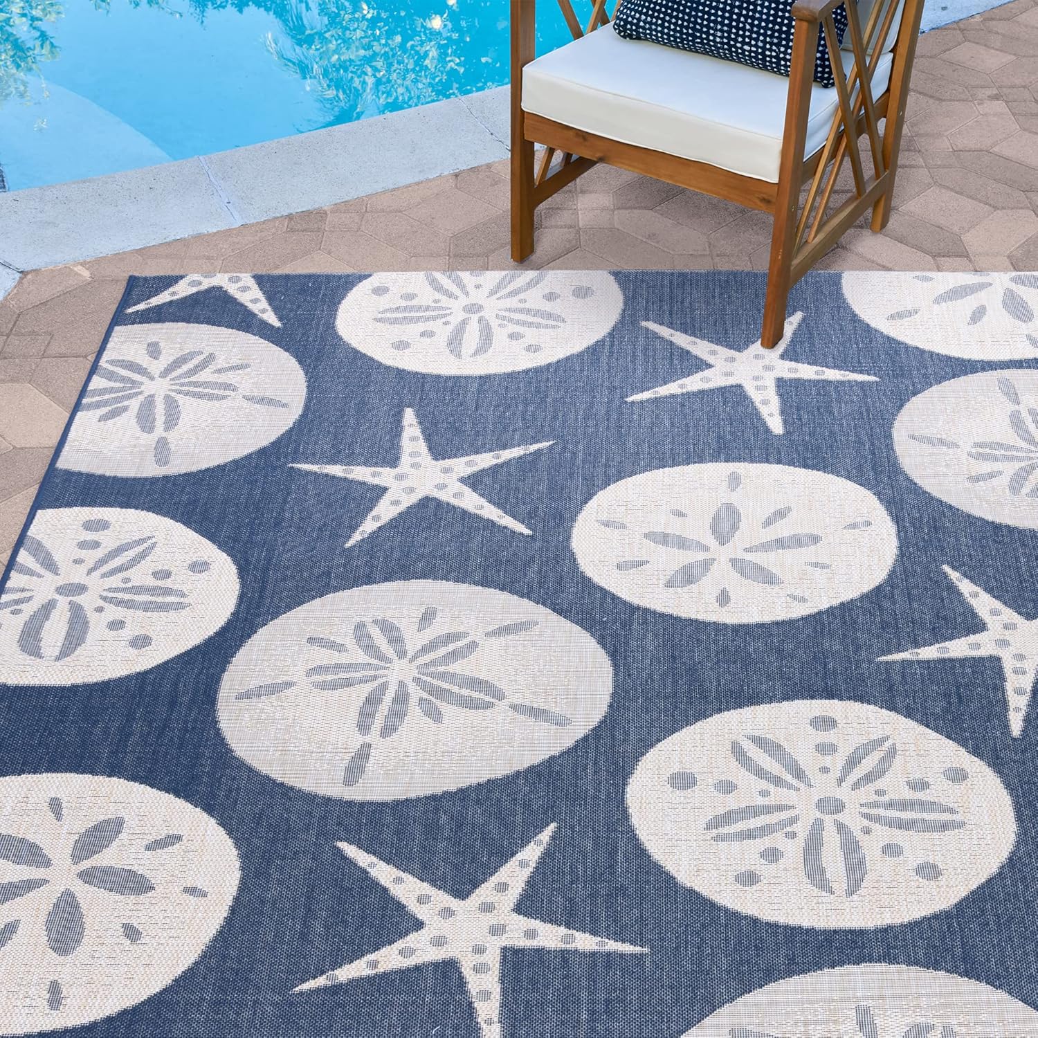 Gertmenian Indoor Outdoor Classic Flatweave Area Rug, Stain & UV Resistant Carpet, Deck, Patio, Poolside & Mudroom, 8x10 Ft Large, Sand Dollar Starfish, Navy Blue, 22903