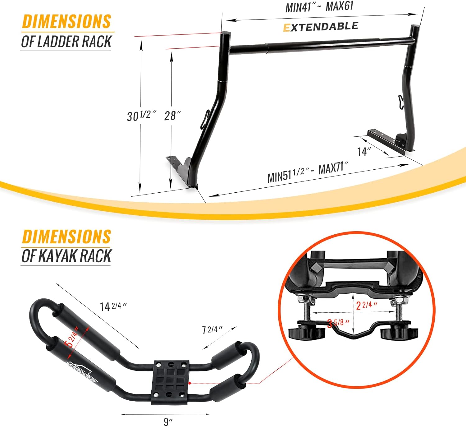AA-Racks Model X31 Truck Ladder Rack with (8) Non-Drilling C-Clamps and 2 Sets Kayak J-Racks with Ratchet Lashing Straps & Ratchet Bow and Stern Tie Down Straps(2Packages)