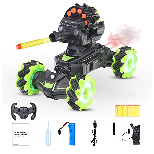 RC Car Shoot Nerf Bullet, Remote Control Hand Gesture Stunt Drift Truck, Hand Remote, 360°Rotating Battle Tanks with Soft Bullets Water Bomb, Spray, Music, Led, Toy Gifts（Green）…