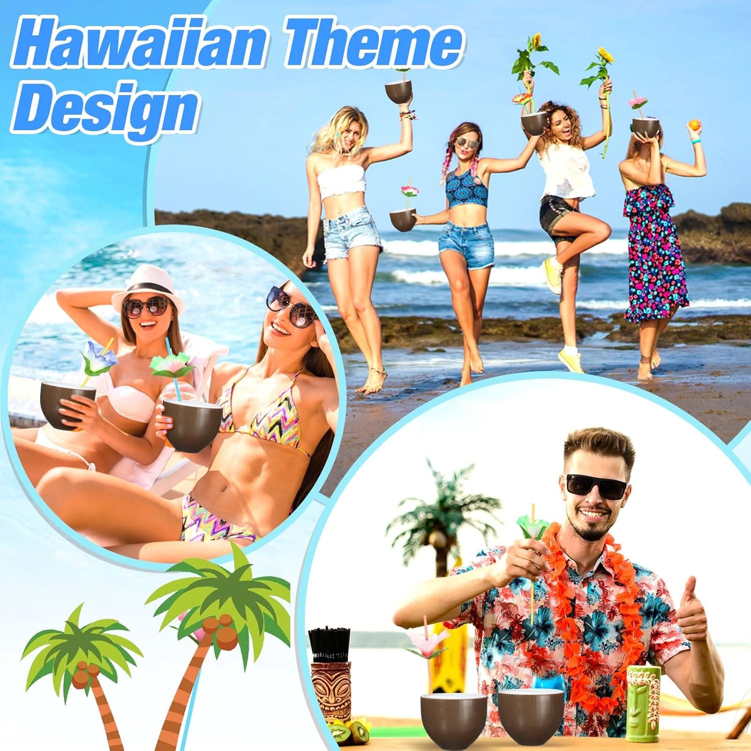 Hushee 30 Set Coconut Cups with Flower Straws Tropical Cups for Party Coconut Drinking Cups Cocktail Mug for Hawaiian Luau Tiki Beach Theme Pool Birthday Party Summer Decoration for Kids and Adults