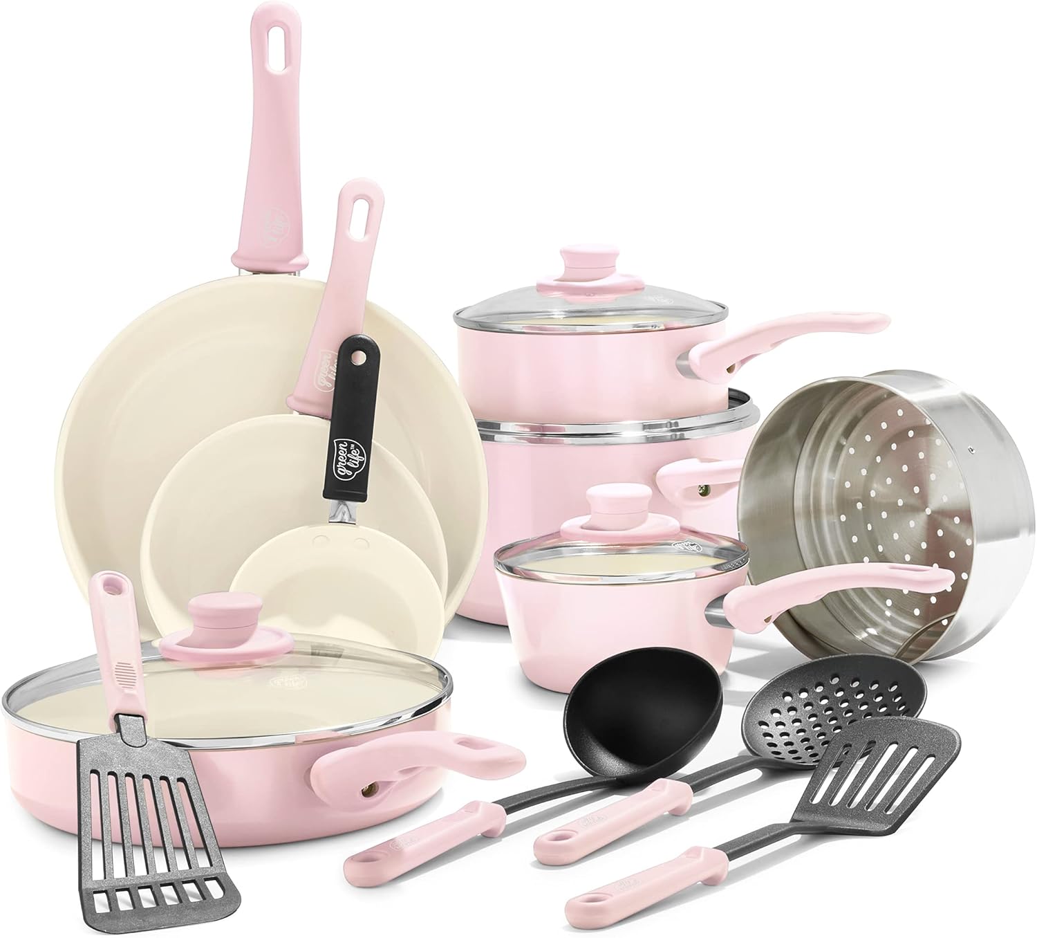 GreenLife Soft Grip Healthy Ceramic Nonstick, 16 Piece Cookware Pots and Pans Set, PFAS-Free, Dishwasher Safe, Soft Pink & 2 Piece Cutting Board Kitchen Set, Dishwasher Safe, Extra Durable, Soft Pink