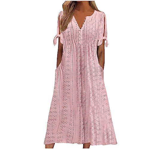 Hawaiian Maxi Dresses for Women Summer Boho Eyelet Dress Tie Short Sleeve V-neck Sundresses Button Down Loose Clothes
