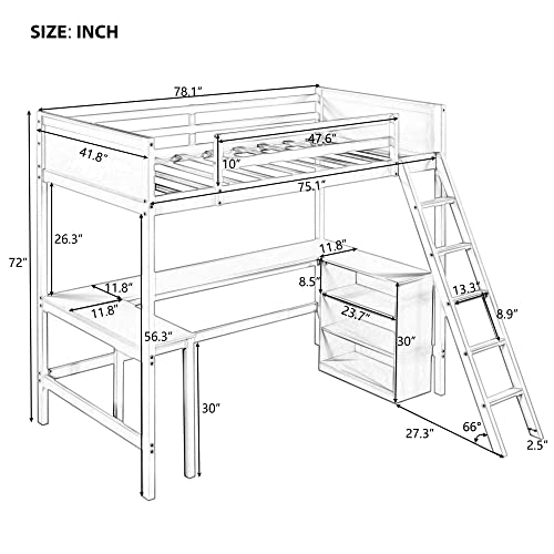 Merax Built Two Drawers, Solid Wood Frame, Full Loft Bed with Desk and Storage Shelves, White