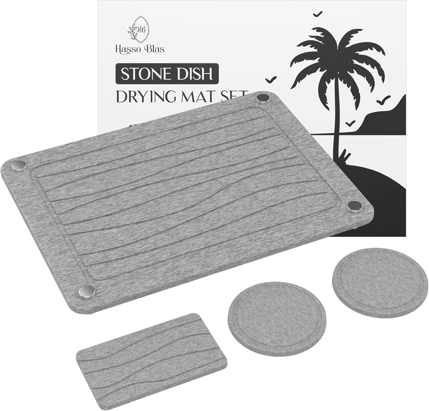 Stone Dish Drying Mat Set | Absorbent Stone Drying Mat with Sponge Mat and 2 Drying Stone Coasters | Grey Dish Drying Stone with Wave Design | 16”x12” Viral Stone Drying Mat for Kitchen Counter