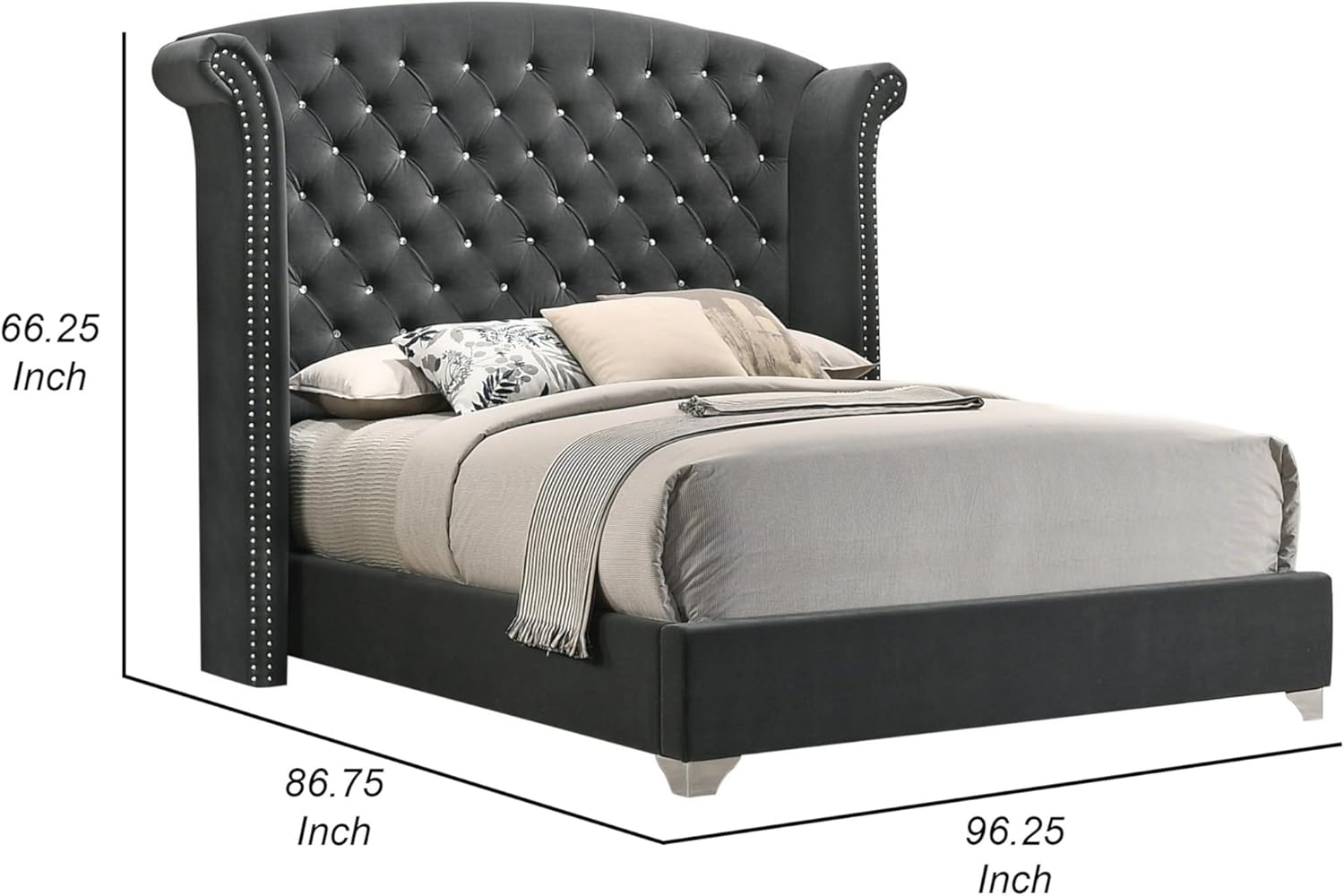 Benjara BM302871 Velvet Upholstery Tufted Headboard Giya Wingback King Size Bed Chrome Nailed Gray & Nickel