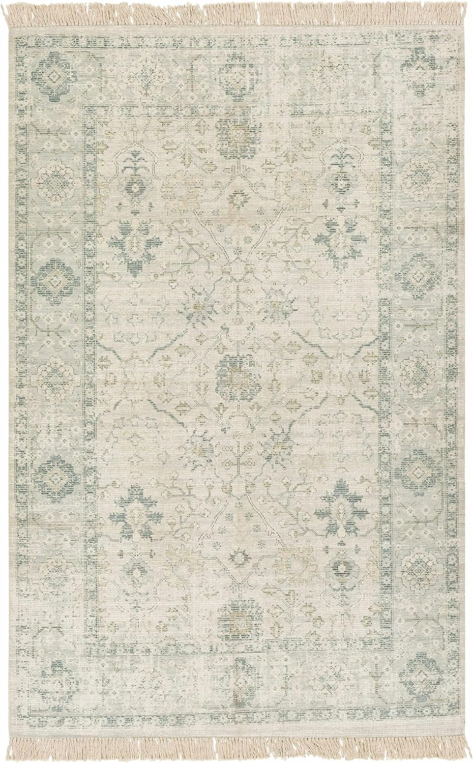 Hauteloom Penkridge Hand Woven Traditional Vintage Area Rug for Living Room - Bohemian Medallion Carpet with Tassel - Cotton Natural Fiber - Green, Sage, Beige, Off White 5' x 7'6