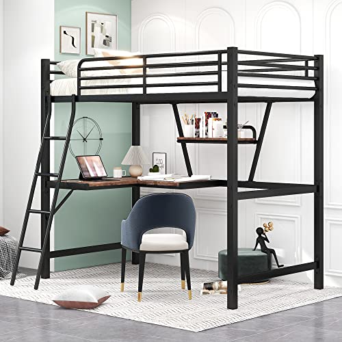 Twin Size Metal Loft Bed with 3 Layers of Shelves and L-Shaped Desk,Bedroom Multi-Function Storage Bed Frame w/Ladder,Easy Assembly & No Box Spring Required,for Adult Girl Boy Teen,White