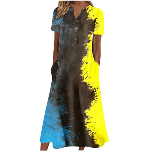 Casual Summer Boho Dresses for Women 2024 Beach Floral Maxi Dress Vacation Short Sleeve V Neck Flowy Dress with Pocket