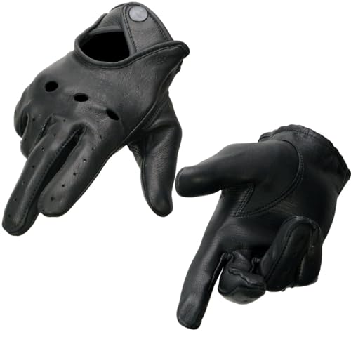 Milwaukee Leather SH869 Men's Black Perforated Deerskin Full Finger Motorcycle Hand Gloves W/Breathable ‘Open Knuckle’