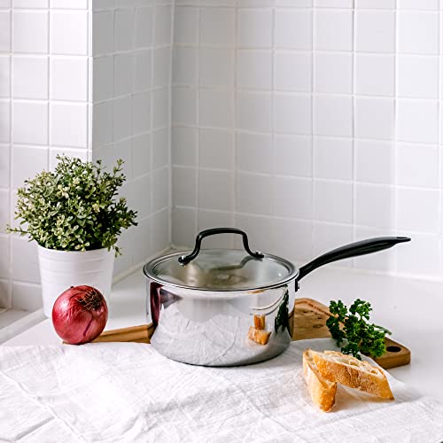 GrandTies Full-Clad Tri-Ply Stainless Steel Sauce pan Induction Cookware – 3 QT Stainless Steel Pot, Marquina Black Metal Handles Kitchen Cooking Pot with Lid, Dishwasher Safe Pots and Pans