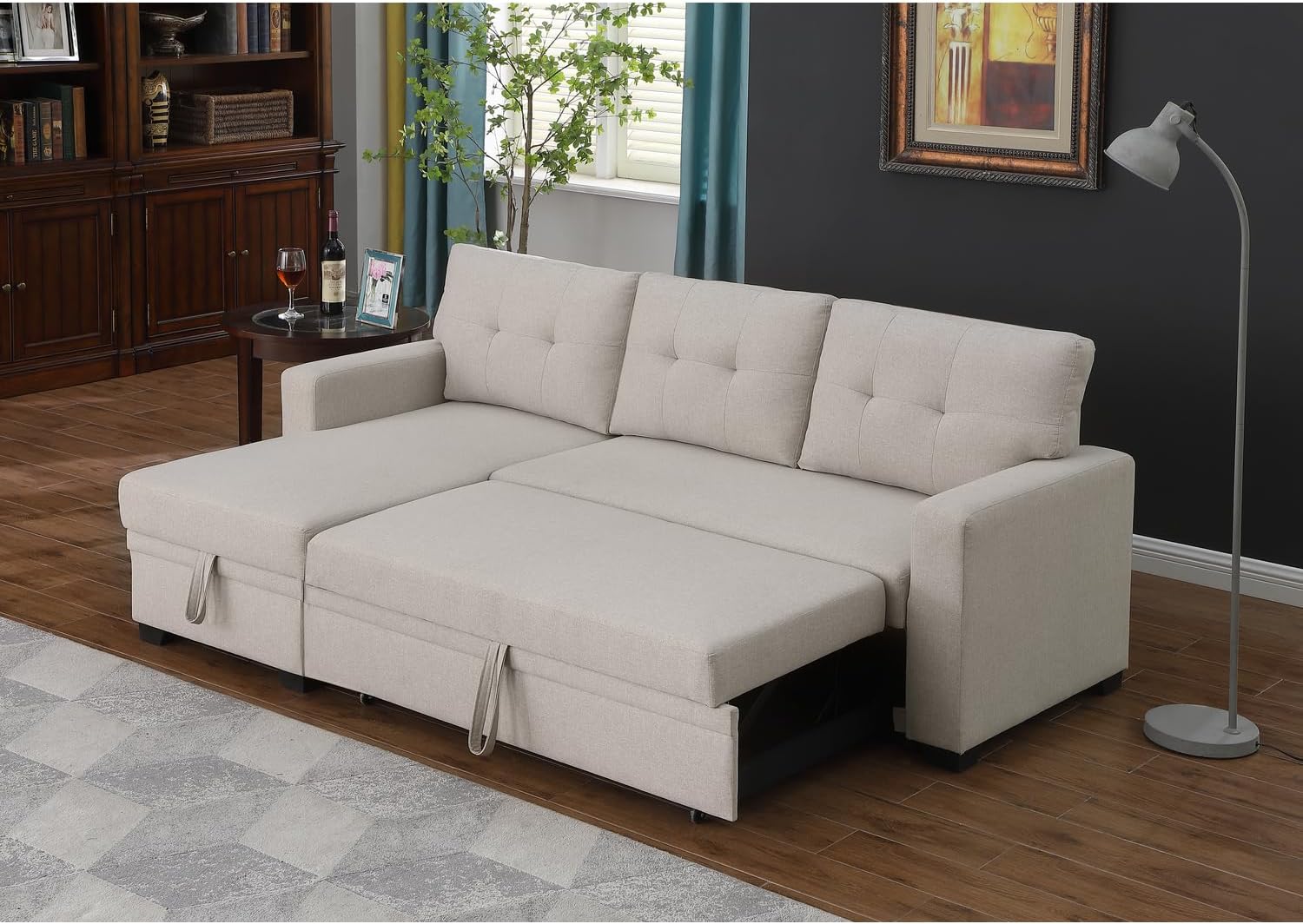 Devion Furniture Polyester Fabric Reversible Sleeper Sectional Sofa-Beige