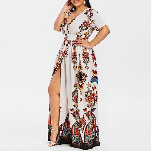 Women'S Cocktail Dresses Plus Size Fashion Butterfly Printed V-Neck Short Sleeve Casual Long Dress, Xl-5Xl