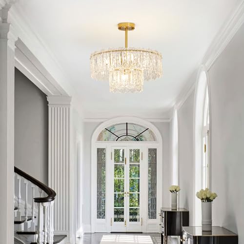 Depuley Small Gold Chandelier Light Fixtures, 3-Light Crystal Flush Mount Ceiling Lights, Modern Mini Chandeliers for Bedrooms, Hallway, Living Room, Bathroom, Kitchen, Foyer(G9 Bulbs Not Included)