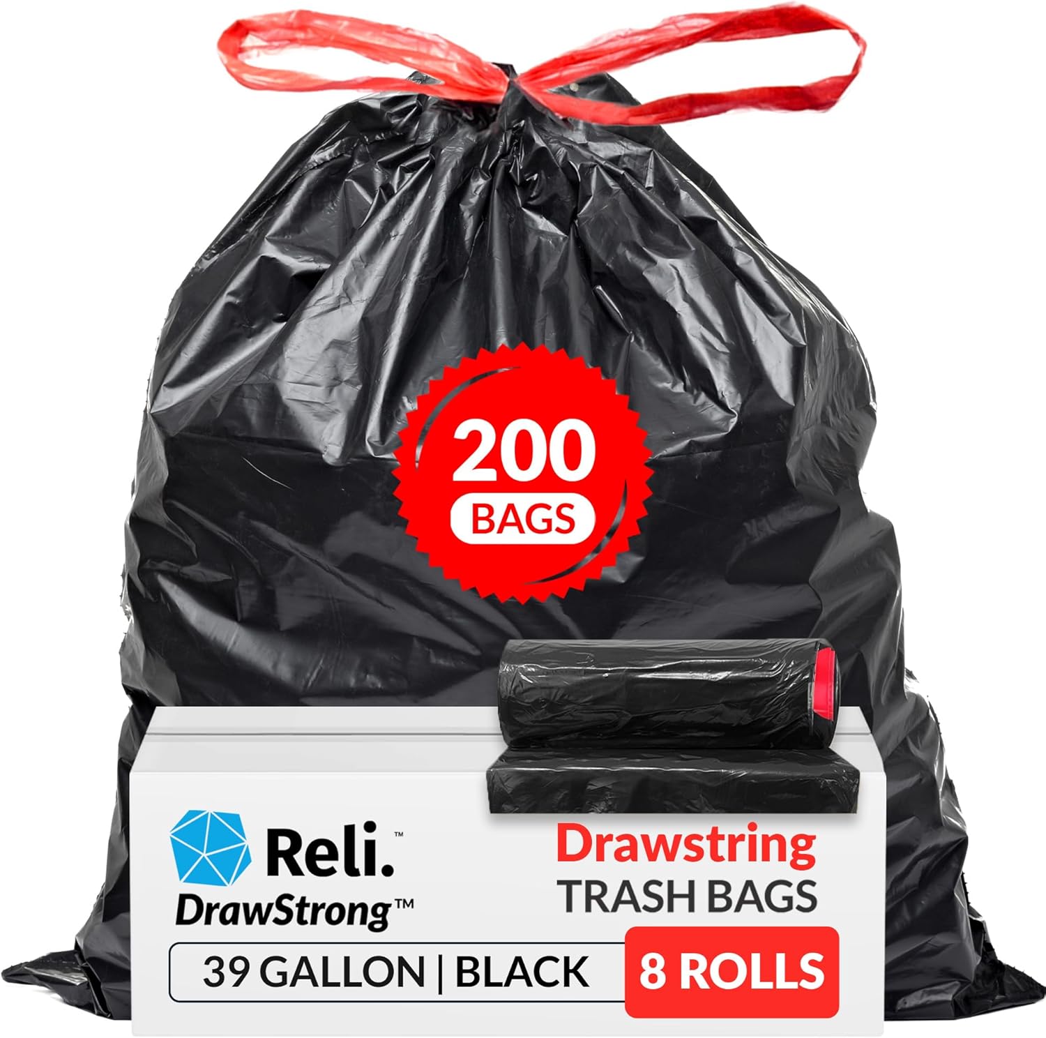 Reli. 39 Gallon Trash Bags Drawstring (200 Count Bulk) Large 39 Gallon Heavy Duty Drawstring Trash Bags - Black Garbage Bags 39 Gallon Capacity, Lawn Leaf (39 Gal)