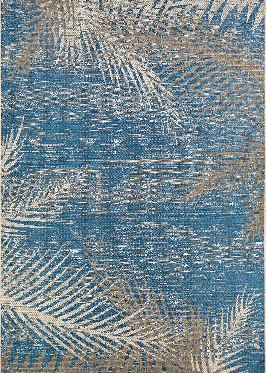 Couristan 7.5' x 10.75' Blue and Beige Tropical Palms Rectangular Outdoor Area Throw Rug