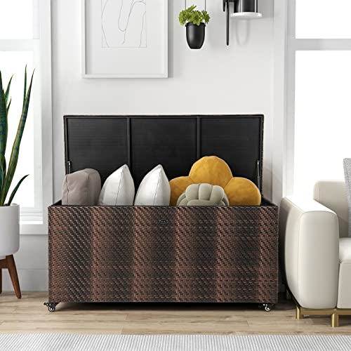 Giantex 96-Gallon Outdoor Storage Box - PE Wicker Deck Box with Lid, 4 Wheels, Waterproof Liner, outside Rattan Storage Container for Patio Cushions, Garden Tools Accessories Storage Box (Mix Gray)