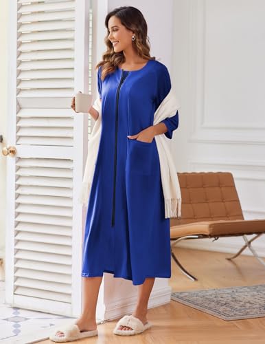Ekouaer Women's Zipper Robe 3/4 Sleeve Housecoats Full Length House Dress Loungewear Long Nightgown with Pockets