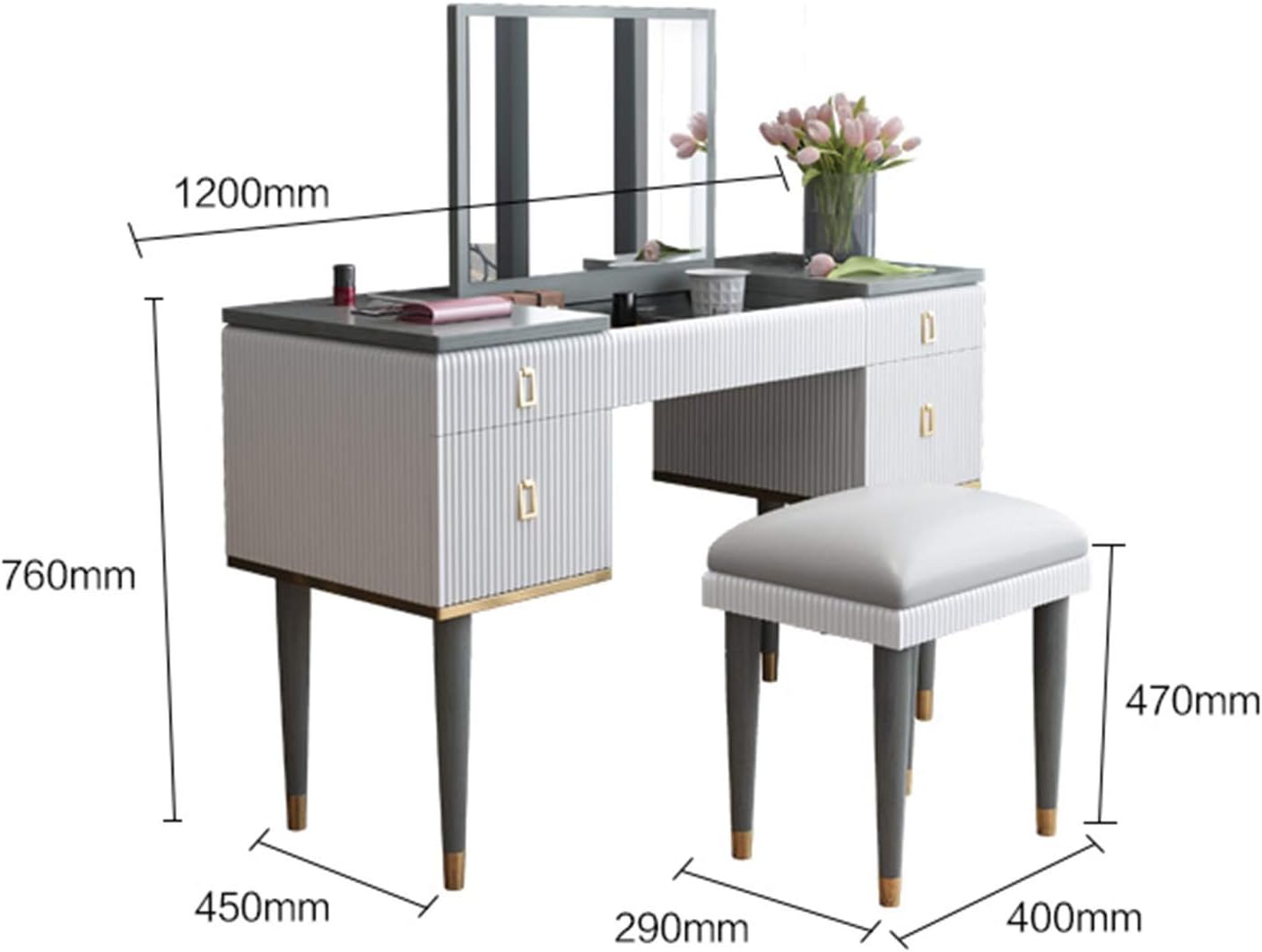 Vanity Table Set Drawers Dressing Table Makeup Dresser with Mirror Stool Set Bedroom Furniture