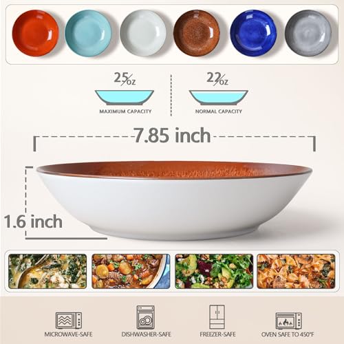Pasta Bowls Set of 6, 25 Ounce Ceramic Salad Bowls, 7.85 Inch Dinner Plates, Serving Bowls for Party, Plates and Bowls Sets, Shallow Soup Bowls, Microwave Dishwasher Safe, Multicolored