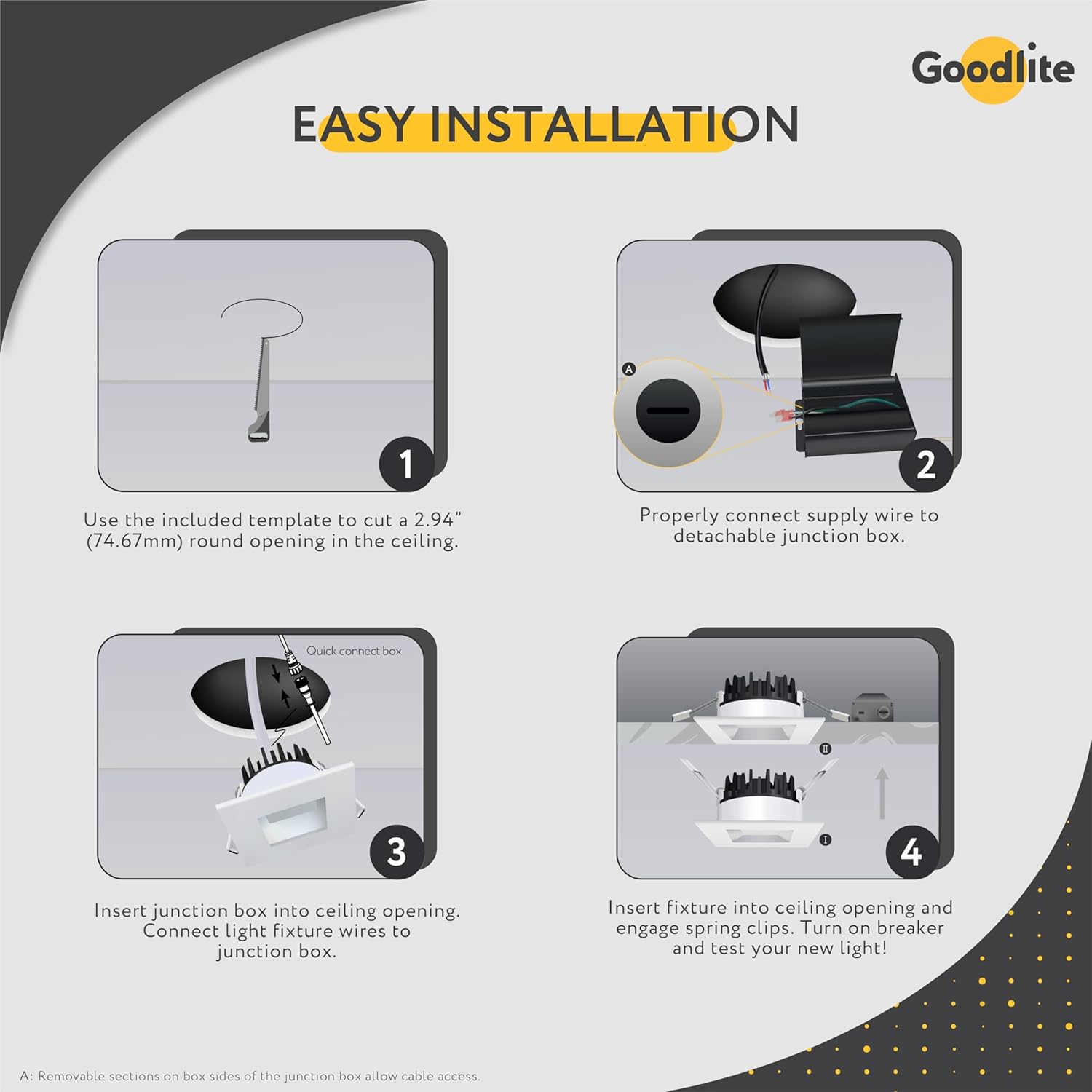 Goodlite G-48338 LED Square Slim Ceiling Light: 3-inch Regress Design, 10W (80W Equivalent), 750 Lumens, Smoothly Dimmable, IC Rated with Junction Box, 5CCT Selection from Warm 2700K to Bright 5000K