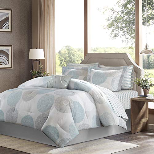 Madison Park Essentials Twin Comforter Set, Bed in a Bag Twin, Watercolor Print Coastal Comforter & Chambray Cotton Sheet Set, All Season Bedding Set, Saben, Aqua Twin (68 in x 86 in) 7 Piece