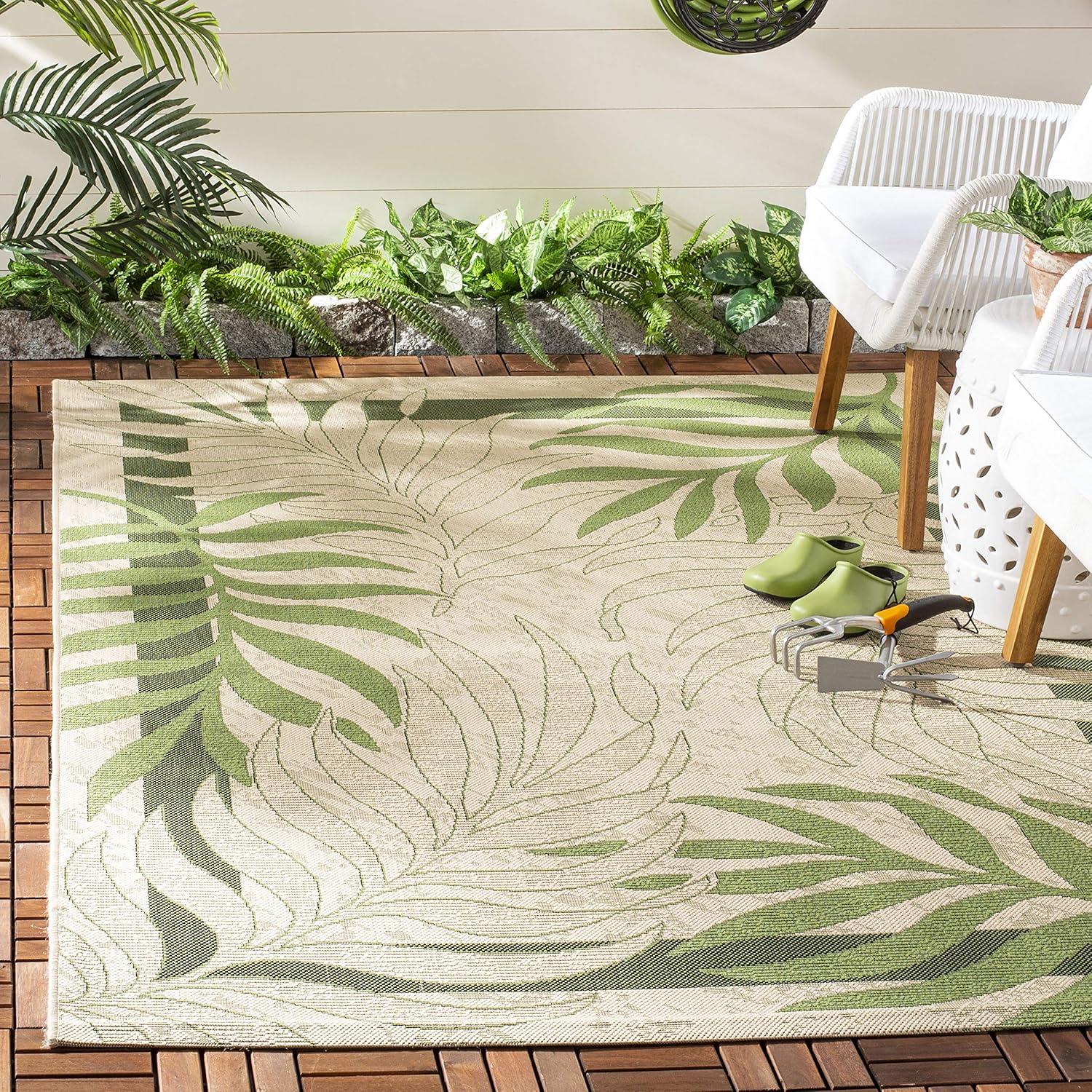 SAFAVIEH Courtyard Collection 4' Square Cream / Green CY7836 Indoor/ Outdoor Waterproof Easy--Cleaning Patio Backyard Mudroom Accent--Rug