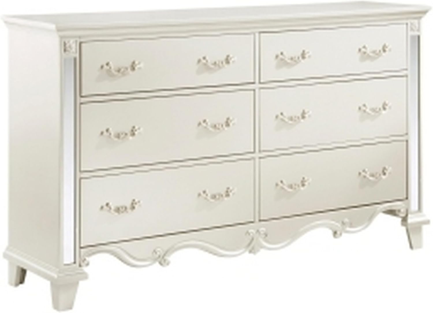 Benjara Xeni 66 Inch Wide Dresser, 6 Drawers, Scrolled, Mirror Accent, Champagne