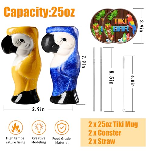 SuproBarware Tiki Mugs Set of 2 - Large Parrot Cocktail Tiki Glasses Hawaiian Party Cute Exotic Cocktail Glasses Hawaiian Ceramic Mug