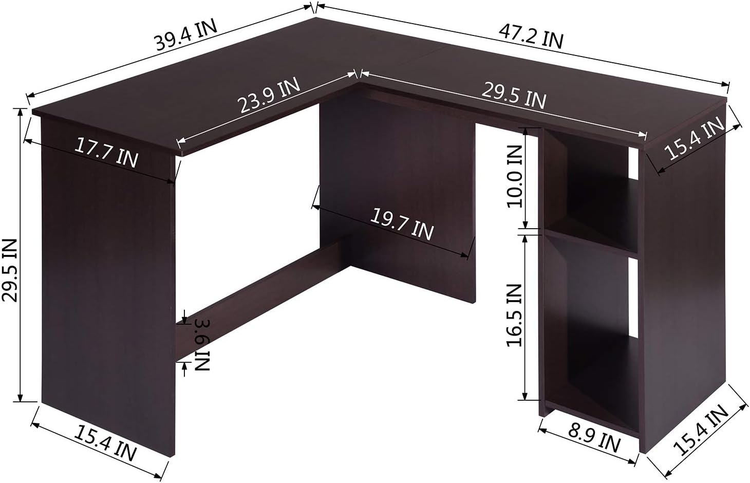 47.2-Inch L-Shaped Computer Desk, Home Office Study Writing Corner Gaming Table, Retro Design Work Station Space-Saving for Study Room Bedroom, Brown, Modern