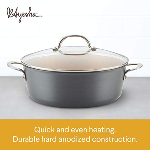 Ayesha Curry Home Collection Hard Anodized Nonstick Sauce Pan/Saucepan with Lid, 4.5 Quart, Charcoal Gray