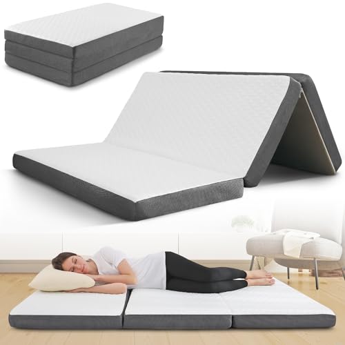 Tri Folding Mattress with Memory Foam Layer - 4 Inch Trifold Foldable Bed Mattress with Washable Cover | Full Size 75