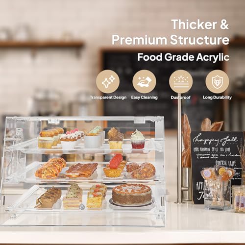 ROVSUN 3-Tier Pastry Display Case, Bakery Display Case Commercial Countertop Acrylic Pastry Case with Removable Trays, Serving Tong, Front and Rear Doors for Donut Bagels Cake Cookie