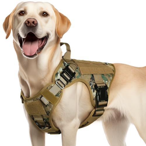 rabbitgoo Tactical Dog Harness for Large Dogs, Heavy Duty Dog Harness with Handle, No-Pull Service Dog Vest Large Breed, Adjustable Military Dog Vest Harness for Training Hunting Walking, Brown, M