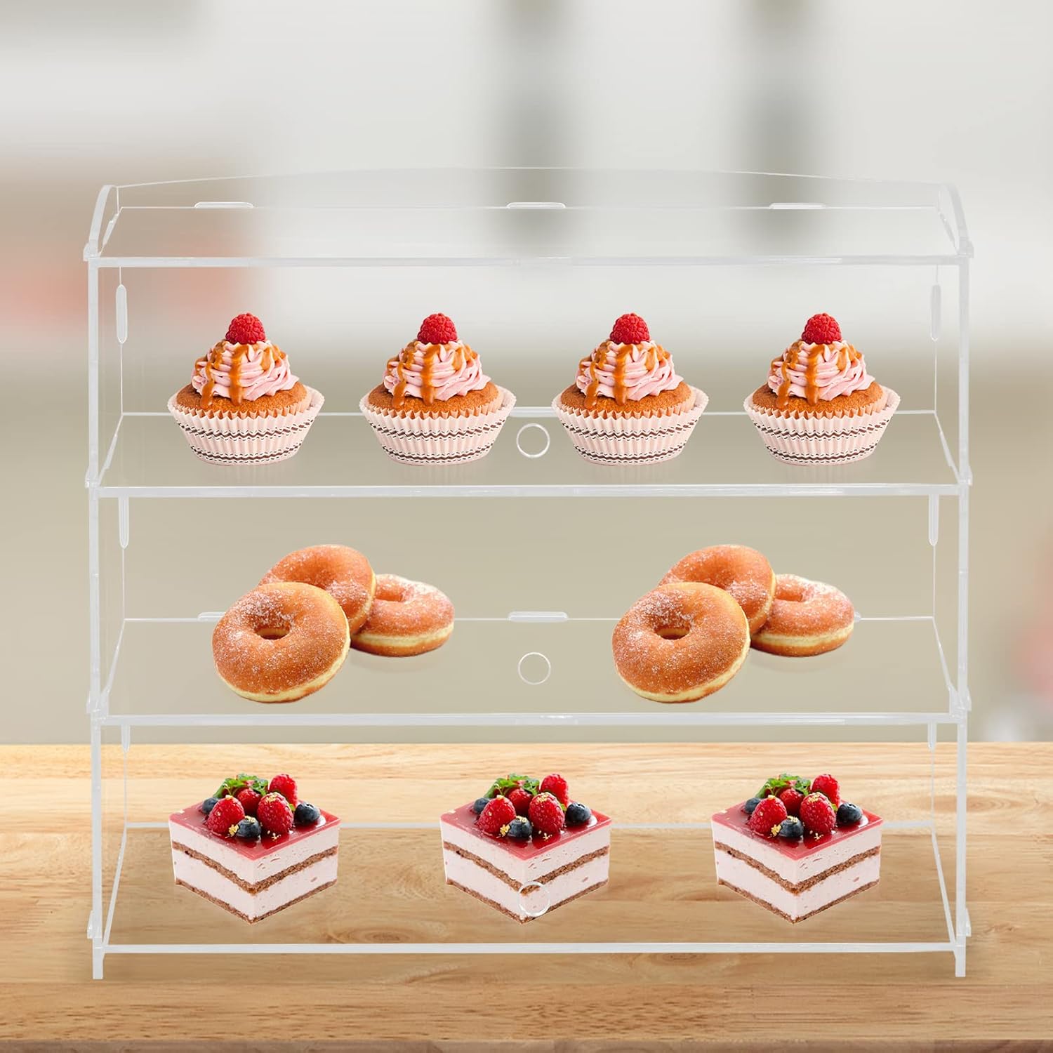 Acrylic Bakery Display Case, 3 Tiers Pastry Cookie Candy Display Shelves, Countertop Display Case for Collectibles Pastry Doughnut, Bakery Dessert Cupcake Display, 18.7×8.5×14.8 Inch