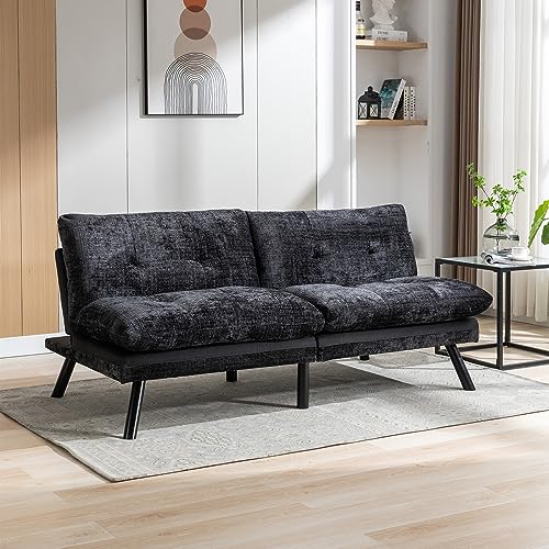 Convertible Sofa Bed Loveseat Futon Bed Breathable Adjustable Lounge Couch with Metal Legs,Futon Sets for Compact Living Space Chenille-Creamy (Black)