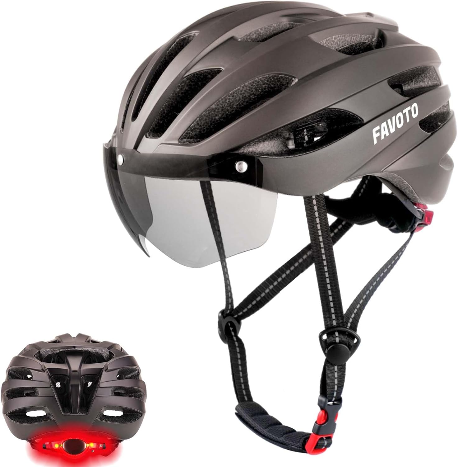 Favoto Bike Helmet with Light - Bicycle Helmet with Removable Magnetic Goggles and USB Rechargeable Taillight Mountain and Road Cycling Helmets for Men and Women