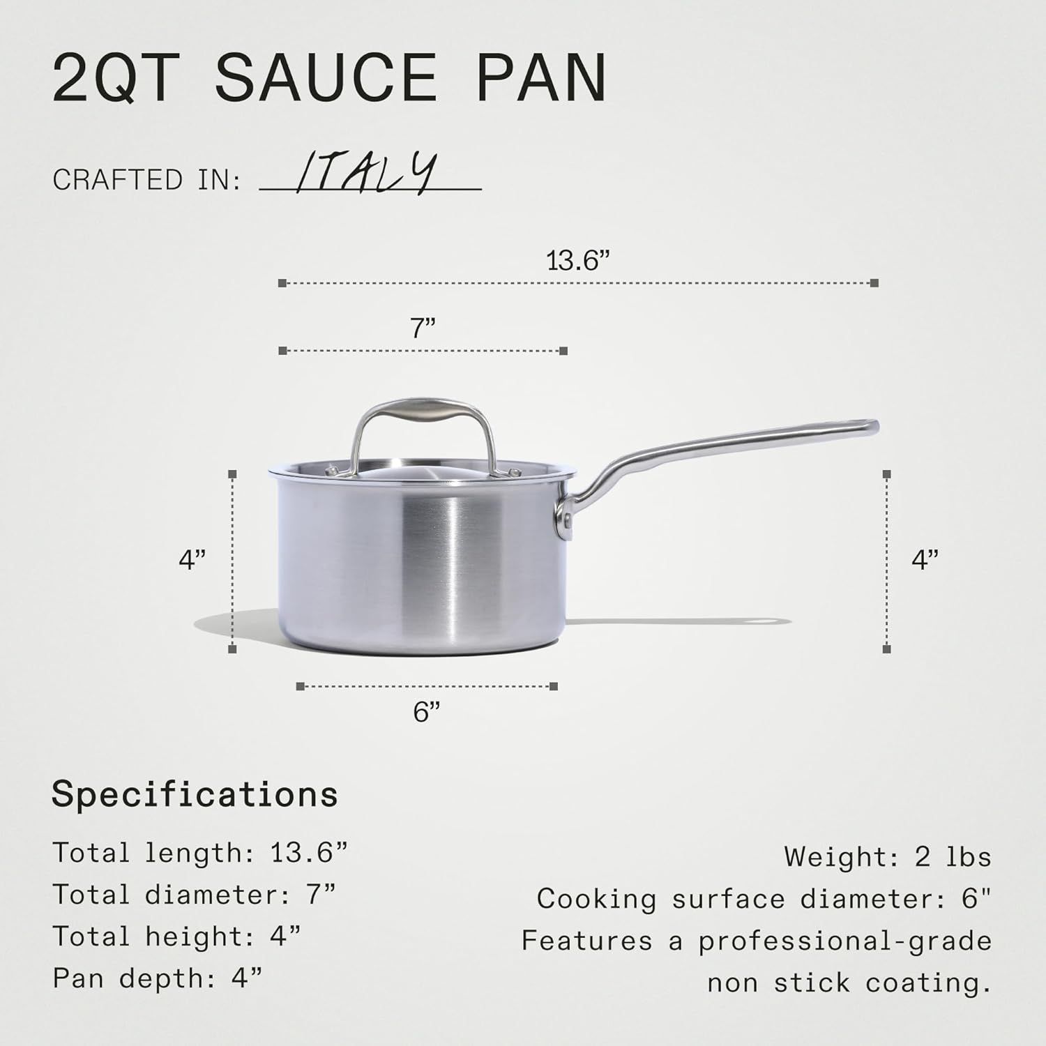 Made In Cookware - 2 Quart Non Stick Sauce Pan With Lid - Graphite - 5 Ply Stainless Clad Nonstick Saucepan - Professional Cookware - Crafted in Italy - Induction Compatible