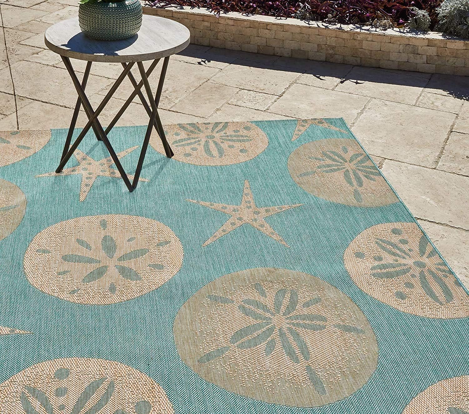 Gertmenian Indoor Outdoor Classic Flatweave Area Rug, Stain & UV Resistant Carpet, Deck, Patio, Poolside & Mudroom, 8x10 Ft Large, Sand Dollar Starfish, Oasis Green, 21269