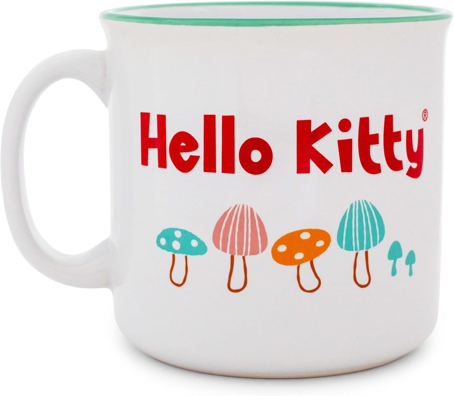 Silver Buffalo Sanrio Hello Kitty Watering Mushrooms Ceramic Camper Mug | Large Coffee Cup For Tea, Espresso, Cocoa | Holds 20 Ounces