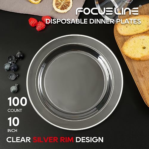 FOCUSLINE 100 Clear Silver Plastic Plates 10 Inch, Disposable Heavy Duty Clear Plates with Silver Rim, Premium Hard Plastic Plates Fancy Disposable Clear Dinner Plates for Wedding Parties