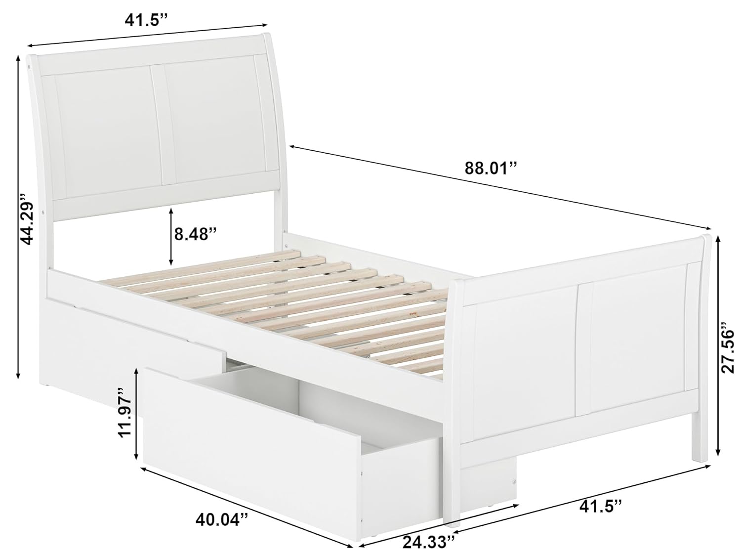 AFI Portland Twin XL Size Platform Bed with Matching Footboard & Storage in White
