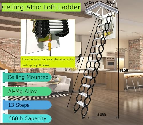 TECHTONGDA Attic Ladder 13 Steps Attic Stairs Pull Down Attic Loft Stair Telescoping Attic Access Ladder Ceiling Mounted Folding Ladder Attic Steps, 31.5 x 35.4 Inch, 10.5 ft Height, 660lb Capacity