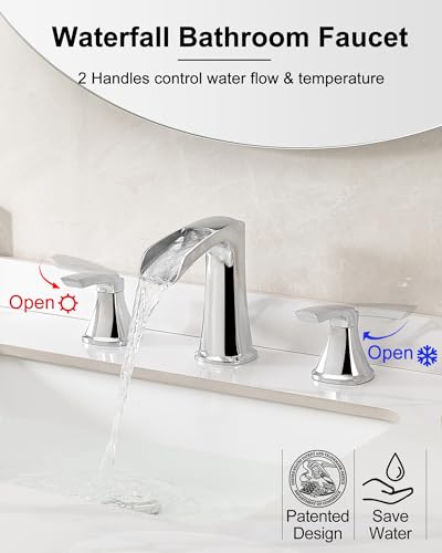 Brushed Nickel Bathroom Faucets, Brass Widespread Waterfall Faucet for Bathroom Sink, 3 Hole Bathroom Sink Faucet, 8-16 Inch 2 Handle Bathroom Vanity Faucets with Pop-up Drain for Lavatory RV