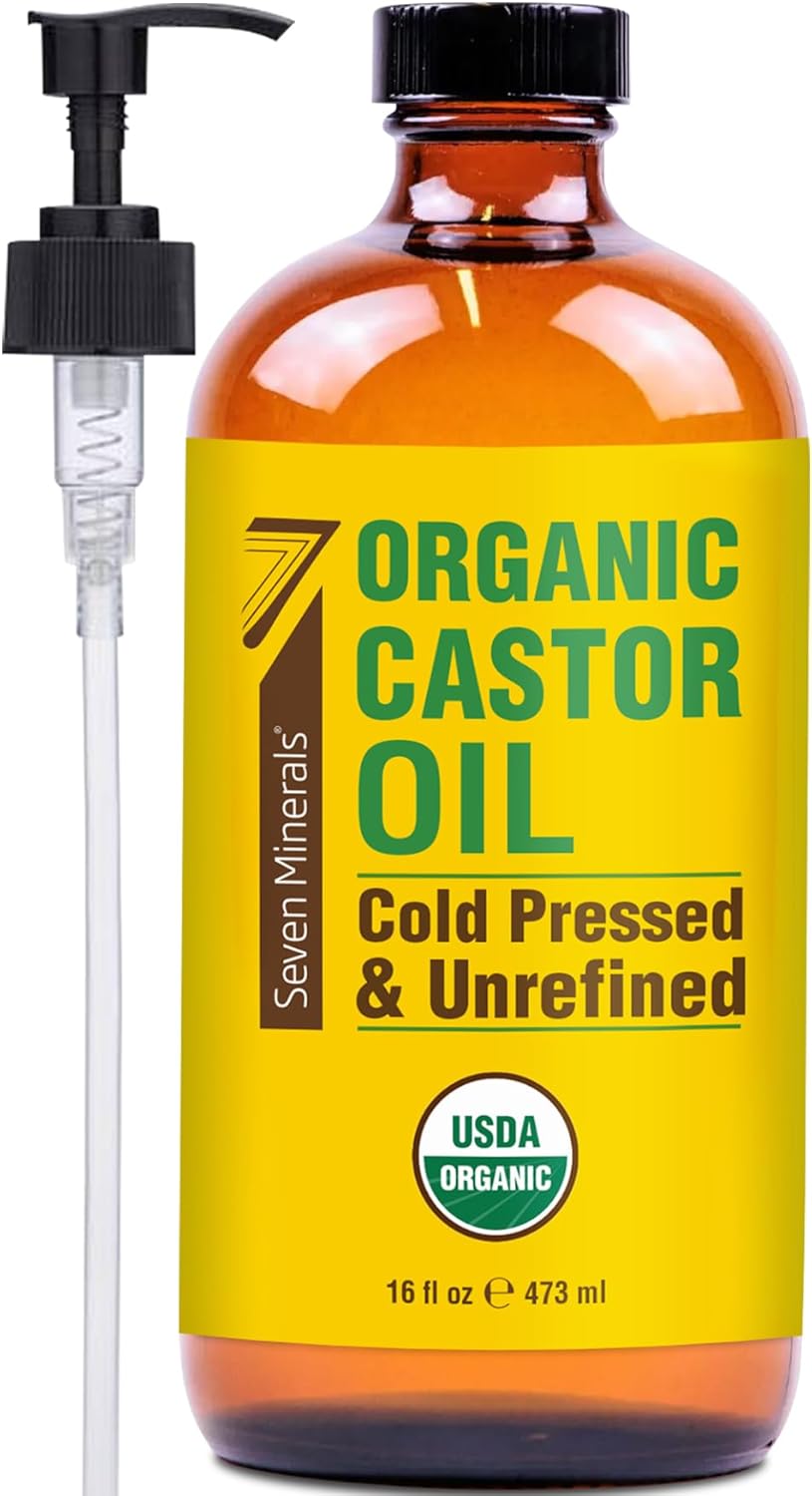 Seven Minerals New 16 fl oz Glass Bottle Castor Oil Organic Cold Pressed Unrefined Glass Bottle Pack - 100% Pure USDA Certified Organic Hexane Free