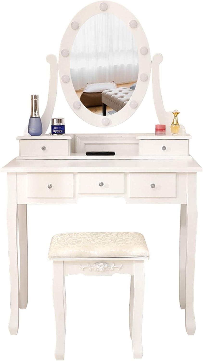 MDF Makeup Table Set with Light Bulb Single Mirror 5 Drawer Dressing Table White