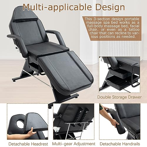 Massage Salon Tattoo Chair with Two Trays Esthetician Bed with Hydraulic Stool Multi-Purpose 3-Section Facial Bed Table Adjustable Beauty Barber Spa Beauty Equipment Black