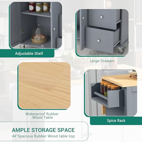 LUMISOL Kitchen Island on Wheels with Storage, Large Kitchen Island Cart with Drop Leaf, 52.7 Inch, Grey Blue